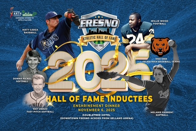 Save the Date A graphic announcing the 2025 Fresno Athletic Hall of Fame inductees. The background is a blue sky with clouds. At the top, the "Fresno Athletic Hall of Fame" logo is centered with the text "EST. 1958" underneath. The year "2025" is written in large, gold, 3D numbers across the center.